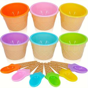 6 조각 아이스크림 그릇과 숟가락, 만화 사탕 다채로운 아이스크림 그릇 키즈 세트, 재사용 가능한 플라스틱 아이스크림 컵, 얼음