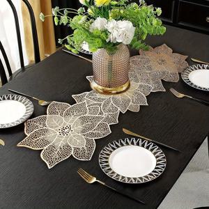 황금색 테이블 러너, 빈틈없는 디자인의 잎 모양 테이블 러너, 봄 테마 테이블 러너, 실내용 계절별 주방 식탁 장식품, 파티 장식