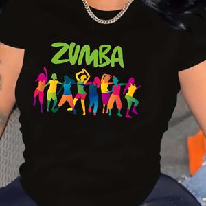 Zumba Letter & Figure 프린트 캐주얼 티셔츠, 크루넥 반팔 편안한 탑, 여성용 액티브웨어