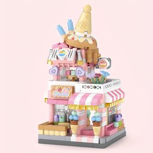 아이스크림 가게 귀여운 미니 거리 장면 빌딩 블록, 생일 선물 데스크톱 장식 선물, 손재주를 연습하기 위해
