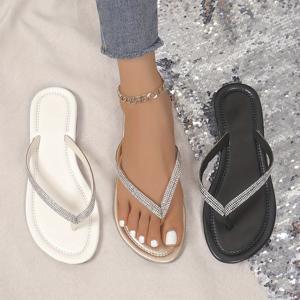 여성용 라인스톤 플립플랍, 세련된 여름 플랫 슬라이드 신발, 캐주얼 야외 비치 슬라이드