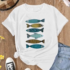 여성용 캐주얼 라운드 넥 티셔츠, 멋진 물고기 프린트, 반팔, 트렌디한 상의