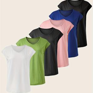 여성용 스포츠 티셔츠 세트, V넥 편안한 스포츠 탑, 6개의 단색 파스텔 컬러 캐주얼 티셔츠