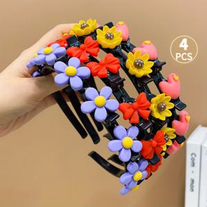 4pcs 여자 아이들의 귀여운 다채로운 땋은 꽃 노드 하트 헤드밴드