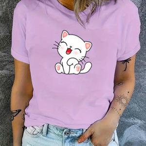 귀여운 고양이 그래픽 라운드 넥 스포츠 티셔츠, 반팔 캐주얼 러닝 탑, 여성 액티브웨어