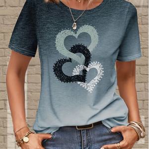 여성 캐주얼 티셔츠, 플러스 사이즈 하트 & 옴브레 프린트 반팔 라운드 넥 티셔츠