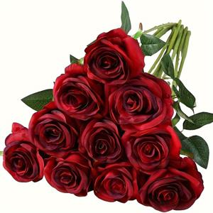 와인 레드 컬러의 가족 기념일, 발렌타인데이 웨딩 파티 장식을 위한 긴 줄기가 있는 가짜 장미 꽃 10개 세트