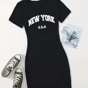 뉴욕 편지 프린트 캐주얼 드레스, 다재다능한 패션 라운드 넥 스포츠 드레스, 여성 액티브웨어