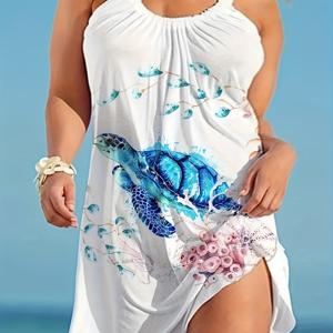 거북이 프린트의 플러스 사이즈 슬립 드레스, 봄과 여름을 위한 캐주얼한 무소매 크루 넥 드레스, 여성용 플러스 사이즈 의류