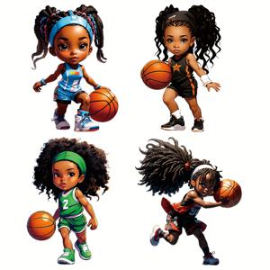 4개/세트 귀여운 농구 소녀 디자인 열 전사 스티커, DIY 옷용 다림질 데칼, 티셔츠 만들기, 베개 장식, 의류 용품 및 아플리케