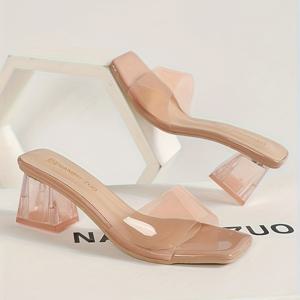 여성용 단색 PVC 샌들, 편안한 여름용 드레시 청크 힐, 사각형 앞코 파티용 신발