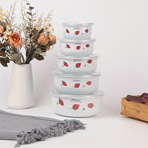 5개 섬세한 딸기/파란색 꽃 디자인 에나멜 샐러드 볼 세트, 식품 보관 용기, 내구성 있는 주방 용품, 가정 및 피크닉 용