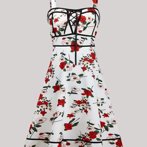 플러스 사이즈 레트로 드레스, 여성용 플러스 로즈 프린트 레이스 업 스퀘어 넥 허리 탱크 드레스