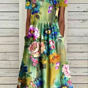 플러스 사이즈 캐주얼 드레스, 여성용 플러스 플로랄 프린트 반팔 라운드 넥 미디 드레스, 포켓이 있는 중간 스트레치 드레스