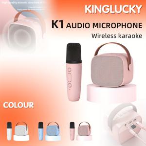 K1 미니 노래방 기계와 1개의 무선 마이크, 생일 선물용 파티 라이트가 장착된 휴대용 블루투스 스피커
