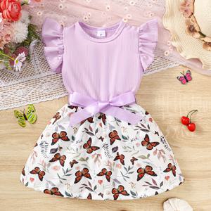 소녀의 플러터 슬리브 나비 꽃 프린트 리브 니트 캐주얼 드레스, 아동 여름 옷 선물 아이디어