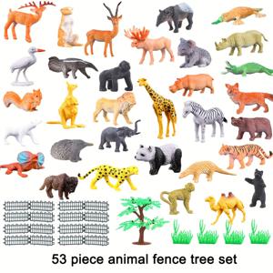 53pcs 미니 정글 동물 피규어, 동물 인형, 퍼즐 시뮬레이션 동물 세계, 동물 울타리 트리 생일 크리스마스 교육 학습 파티 세트