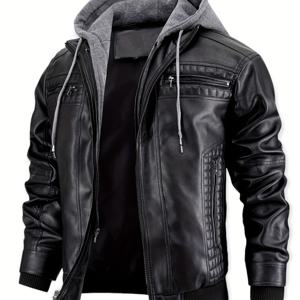 남성 캐주얼 2 In 1 PU 가죽 자켓, 지퍼 포켓이 있는 세련된 폭격기 재킷 바이커 재킷