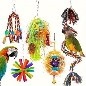5pcs 앵무새 씹기 장난감, 앵무새 포레징 쉬레더 장난감, 재미있는 매달린 매듭 장난감으로 새를 즐겁게 유지하세요