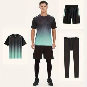 남성용 스포츠 3개 세트, 그라데이션 컬러 티셔츠 + 액티브 반바지 + 농구 피트니스용 레깅스 매칭 세트