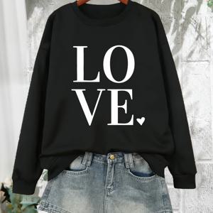플러스 사이즈 LOVE 프린트 스웨트셔츠, 캐주얼 롱 슬리브 크루 넥 스웨트셔츠, 여성 플러스 사이즈 의류