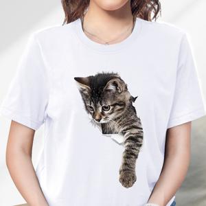 고양이 프린트 캐주얼 패션 스포츠 티셔츠, 반팔 라운드 넥 러닝 운동복 상의, 여성 액티브웨어