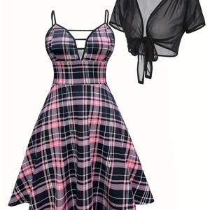 여성들을 위한 플러스 사이즈 체크무늬 프린트 투피스 드레스 세트, 크루 넥 캐미 드레스 & 숏 슬리브 메쉬 타이 프론트 크롭 탑 아웃핏, 플러스 사이즈 의류