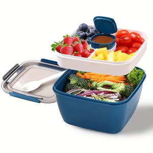 샐러드 상자 1100ML, 휴대용 샐러드 점심 도시락, 드레싱 컵이 있는 2칸 구획, 대형 도시락 상자, 식품과 과일 스낵을 위한 식사 준비용 용기