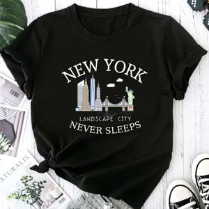 뉴욕 시티스케이프 그래픽 티셔츠, 캐주얼 라운드 넥, 반팔, '도시는 절대 잠들지 않는다' 슬로건, 도시 여행 티, 미국 여행 선물