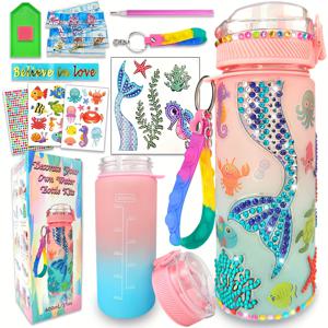 600ml/20.29oz Water Bottle Kit With Mermaid And Unicorn Stickers, Gemstone And Diamond Painting Crafts. A Unique And Creative DIY Art Gift Set For Birthdays And Summer Crafting.