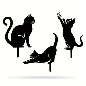 3개 세트, 창의적인 금속 고양이 귀여운 검은 실루엣 세트 야외 정원 장식 바닥 삽입 장식, 야외 장식, 마당 장식, 정원 장식, 외부 장식