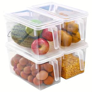 4개의 보관용기, 큰 투명한 플라스틱 식품 보관용기, 쌓을 수 있는 사각형 모양의 식품 보관함과 뚜껑, 과일, 채소 및 고기용, 주방 정리 및 보관, 주방 액세서리