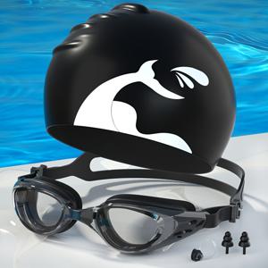 여성 수영 고글과 모자 세트, 코 클립과 귀마개가 포함되어 있으며 안개 방지 UV 차단 기능이 있고 편안한 착용감을 위한 조절 가능한 실리콘 스트랩이 있습니다.