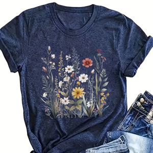 플러스 사이즈 플라워 프린트 티셔츠, 봄 & 여름용 캐주얼 반소매 크루넥 탑, 여성용 플러스 사이즈 의류
