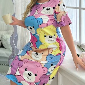 여성용 플러스 귀여운 잠옷, 플러스 사이즈 카툰 베어 프린트 반팔 라운드 넥 수면 드레스