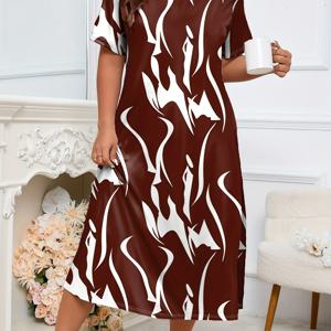 여성용 플러스 사이즈 캐주얼 라운지 드레스, 플러스 사이즈 추상 스트라이프 프린트 반팔 라운드 넥 홈웨어 드레스