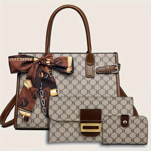 여성용 3Pcs 클래식 우아한 가방 세트 : 레트로 기하학적 패턴 토트백과 스카프 장식, 버클 장식 스퀘어 지갑 및 신용카드 케이스