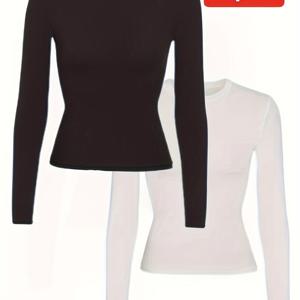 여성용 스포츠 티셔츠로 라운드 넥 디자인의 솔리드 컬러 캐주얼 긴팔 티셔츠 2벌