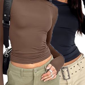 2 Pac 솔리드 롱 슬리브 티셔츠, 크루 넥 슬림 캐주얼 탑, 여성 의류