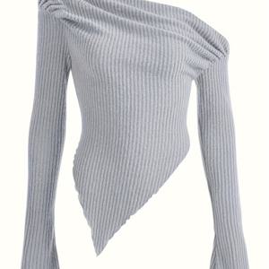 솔리드 셔링 비대칭 넥 티셔츠, 봄 & 가을용 캐주얼 행키 헴 롱 슬리브 탑, 여성 의류