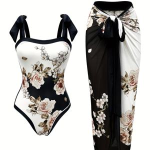 플로럴 패턴 2피스 수영복, 나비넥타이 어깨끈 원피스 수영복 & 커버업 스커트, 여성 수영복 및 의류