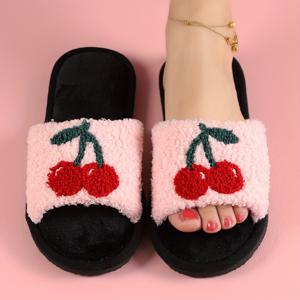 여성을 위한 귀여운 체리 패턴의 플러시 슬리퍼, 오픈 토 소프트 솔 퍼지 신발, 아늑하고 따뜻한 실내 바닥 슬리퍼