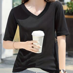 봄 여름을 위한 심플한 솔리드 컬러 V넥 티셔츠, 다양하게 활용 가능한 반팔 티셔츠, 여성 의류