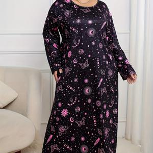 플러스 사이즈 캐주얼 나이트 드레스, 여성용 플러스 갤럭시 프린트 롱 슬리브 라운드 넥 티 슬립 드레스