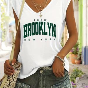 브루클린 프린트 캡 소매 티셔츠, 봄과 여름을 위한 캐주얼 V넥 탑, 여성 의류