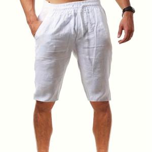세련된 디자인 남성용 솔리드 무릎 긴 반바지(드로스트링과 포켓 포함), 여름 데일리 및 비치 레저웨어를 위한 캐주얼하고 트렌디한 편안한 반바지