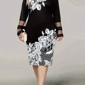 플러스 사이즈 우아한 드레스, 여성용 플러스 꽃 무늬 대비 메쉬 벨 슬리브 라운드 넥 Bodycon 미디 드레스
