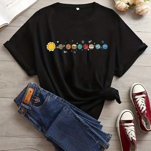 플러스 사이즈 캐주얼 티셔츠, 여성용 플러스 플래닛 프린트 반소매 라운드 넥 약간의 스트레치 티셔츠