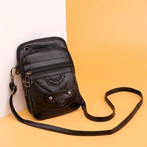 빈티지 PU 가죽 크로스 바디 백, 미니 박힌 장식 지퍼 지갑, 여성용 수직 휴대 전화 가방