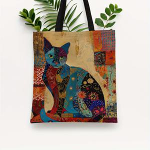 민족적인 꽃 고양이 패턴 토트백, 심미적인 캔버스 학교 숄더백, 가벼운 장보기용 가방